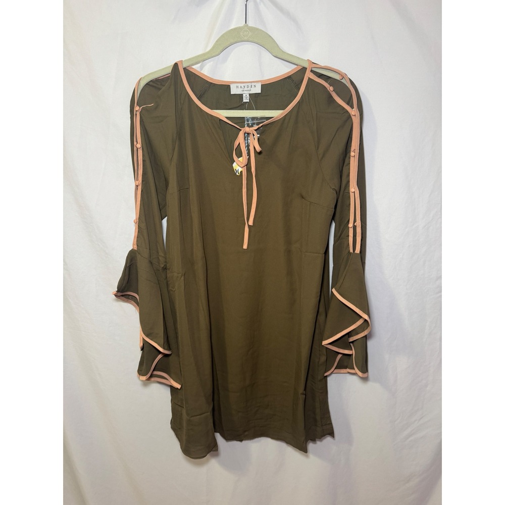 Hayden LA Olive Boho Dress M Cold Shoulder Bell Sleeve Festival Cottagecore NWT